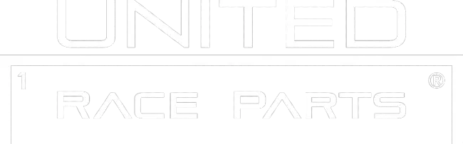 Logo united race parts - tutto in bianco, scritte maiuscole, sopra 'UNITED' più grande, poi una linea bianca, al di sotto scritte su unica riga Race Parts